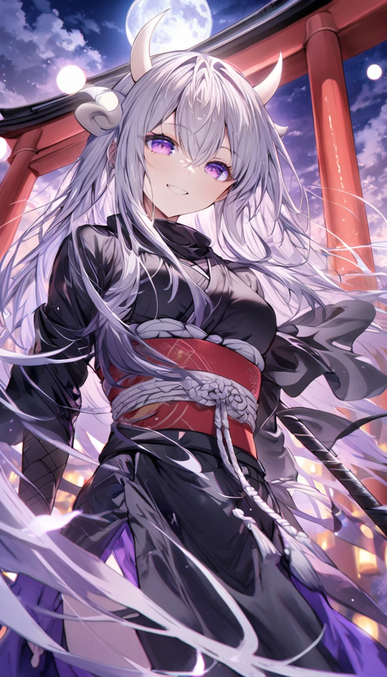 Long silver hair, Smile Torii セクシー
, black ninja, full moon, purple eyes, white horns