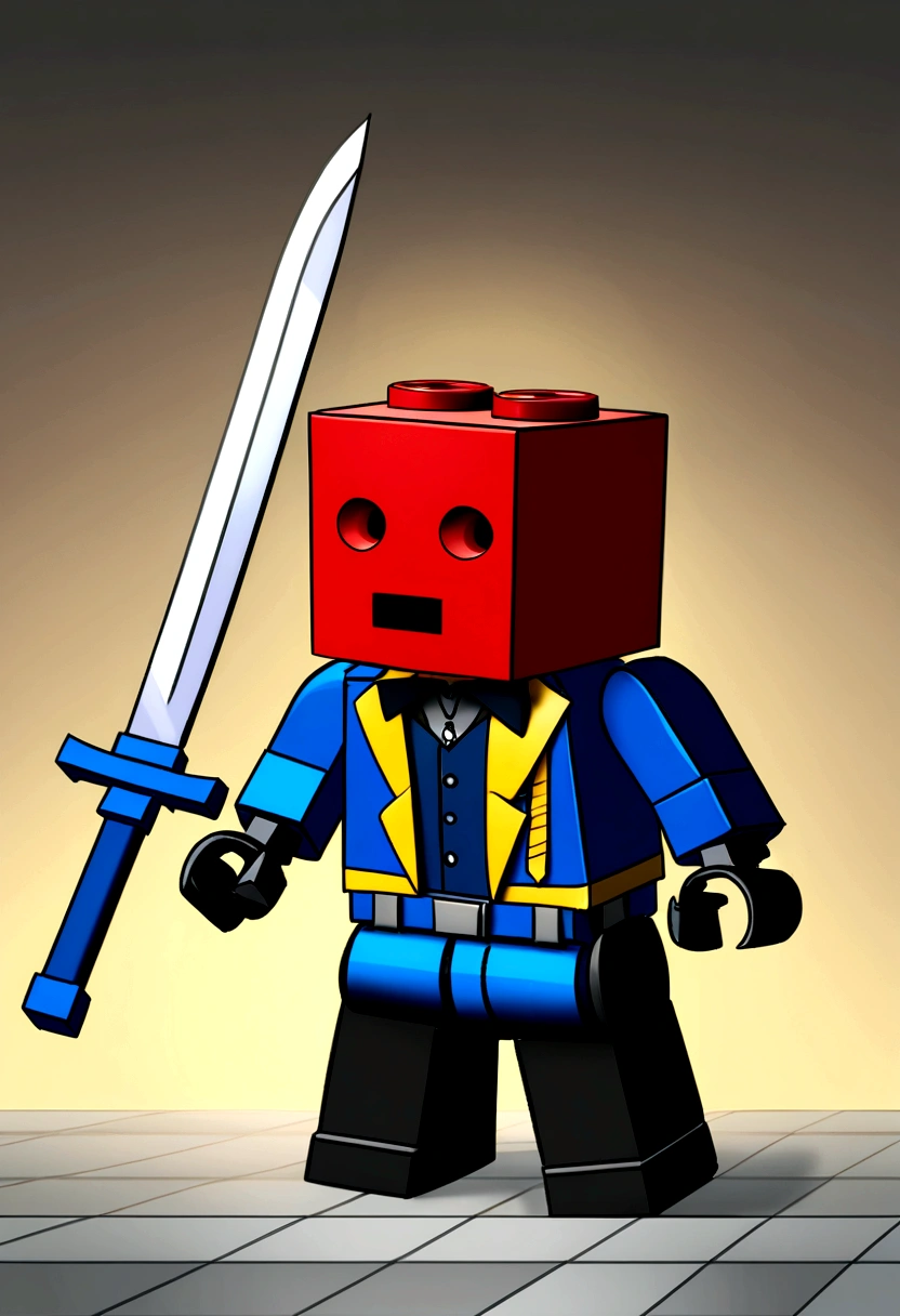 Close-up of a lego figure with a sword and box, Blocktober, Roblox avatar, Roblox, block head, image, usable, promo art, Symmetrical portrait role-playing avatar, Robert Richenburg, Blocksровка, 🔞🤡, block, Blocks, Roblox screenshot, image аватара, Character avatar in a role-playing game, walter white in Roblox