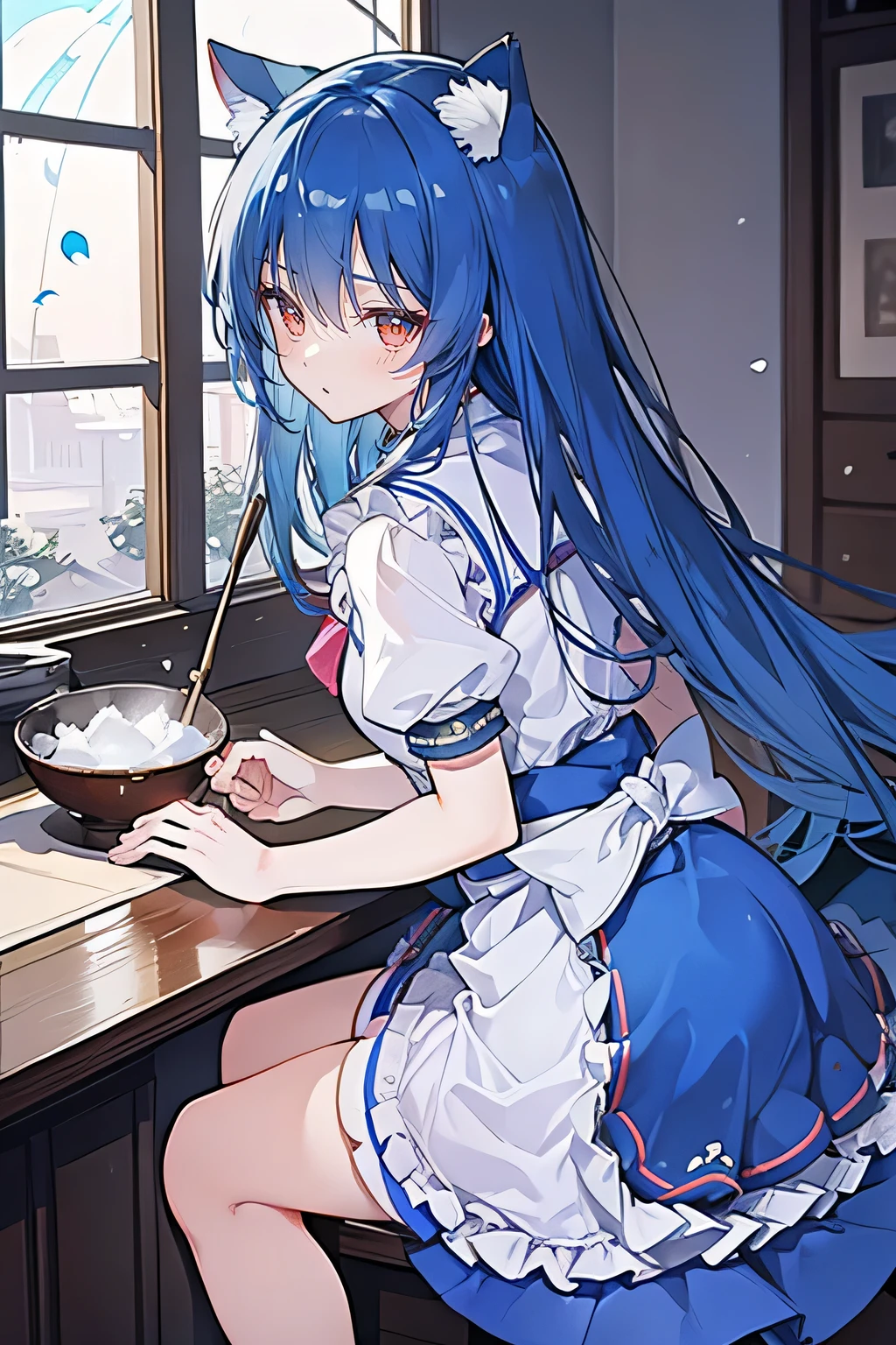 （masterpiece：1.2），Super detailed，lifelike，Expressive eyes，fair skin，perfect face shape，1 girl，
Japanese comics,Gorgeous blue hair,flowing blue hair,flowing clothes,Cat ears,Petals fall,beautiful lola,Baby Angel,
，Cross your legs，Gentle and peaceful background，The pavilion is cool and comfortable,smile, maid裝, maid，kitchen,back views,snowing。 