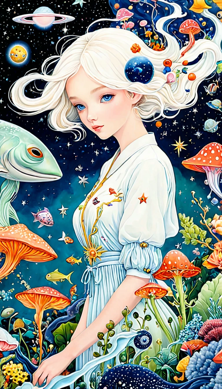 (((James Jean styles)))，microorganism、plant、Marine life、Eye、Starry Sky，Stitching together an abstract painting，Describing the inner world of autistic people，Sense of space，White Space，interesting，Innocence，Psychedelic Art