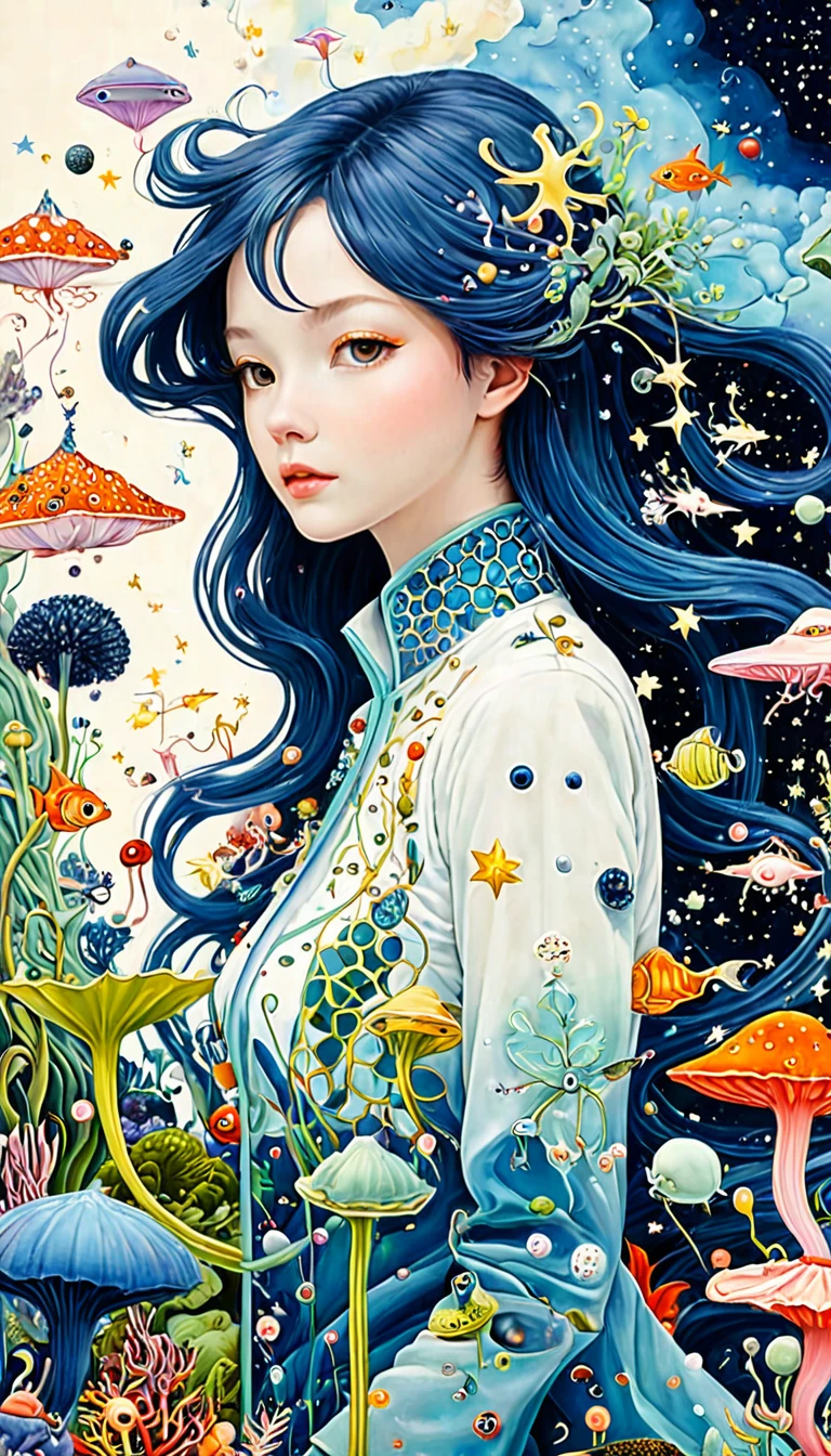 (((James Jean styles))),microorganism、plant、Marine life、Eye、Starry Sky,Stitching together an abstract painting,Describing the inner world of autistic people,Sense of space,White Space,interesting,Innocence,Psychedelic Art