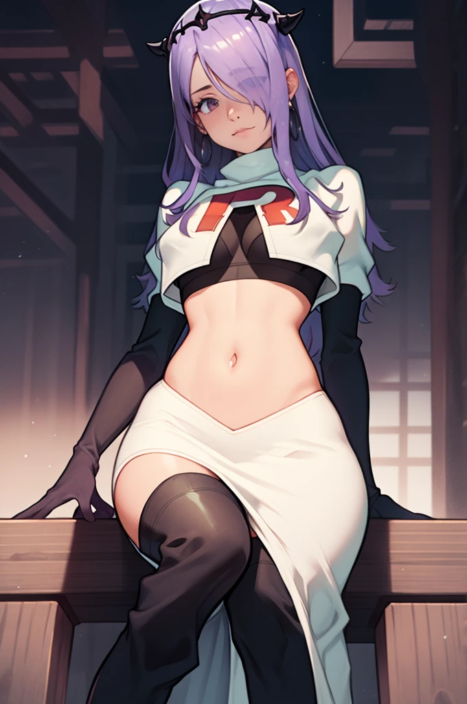 defCamilla, tiara, ,earrings ,lipstick, eye shadow, heavy makeup ,team rocket uniform, red letter R, white skirt,white crop top,black thigh-high boots, black elbow gloves, smile, looking down on viewer, sitting ,crossed legged, night sky background