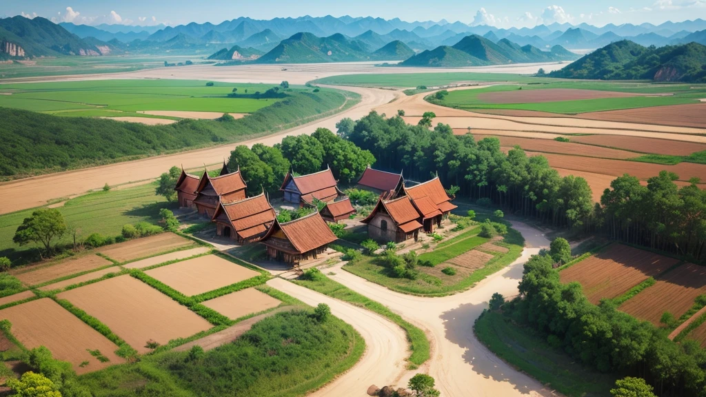 Beautiful scenery of ancient village in Myanmar. Aerial view. Photorealistic photos, High definition, 8K