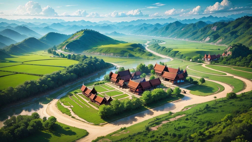 Beautiful scenery of ancient village in Myanmar. Aerial view. Photorealistic photos, High definition, 8K