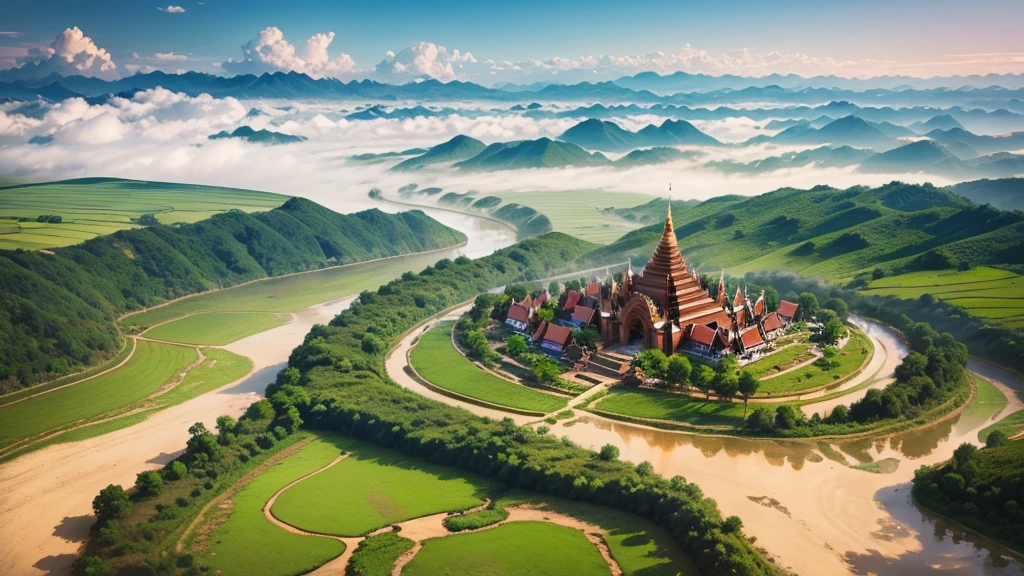 Beautiful scenery of ancient village in Myanmar. Aerial view. Photorealistic photos, High definition, 8K