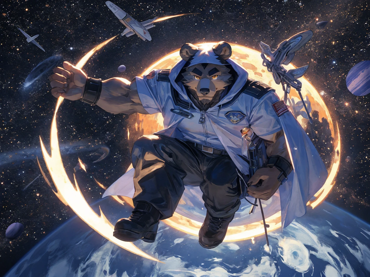 (masterpiece:1.2), best quality,pixiv,official art,perfect anatomy, (Ray tracing, light),solo, (1_male:1.3) , (muscle), (grey fur:1.4), (muscle bear), (beard:1.2), (gleaming golden eyes), bear tail, full body, Thick black eyebrows,(open hooded parka), (naked inside), (cargo pants:1.2), boots , (in the space:1.3) , star , planet , earth , asteroid , (character floating :1.3)