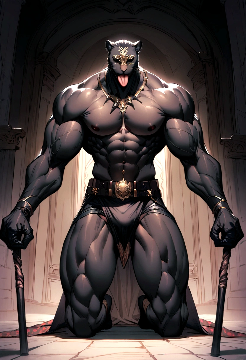 Anthropomorphic leopard,Black Panther,one person,Broad chest muscles,Thick shoulders,Well-developed limbs,Topless,Unobstructed access from thigh to foot,The crotch is hugely raised,Stick out your tongue,Indecent Expressions,blush,Kneeling,Get on all fours,For the audience,Wear an eye patch,Wrap the limbs with belts,HD,High Detail,masterpiece,full-body shot