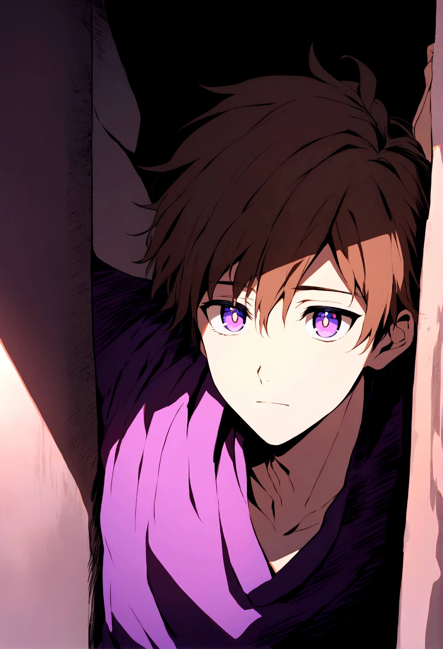 Create a calm Japanese-style portrait in the style of the anime Black Clover. Introducing a Young Man, leaning against a wall with arms raised, eyes lost in the depths. shading adds depth and texture, emphasizing the emotional gravity of the scene. Content purple shirt purple pupils brown hair