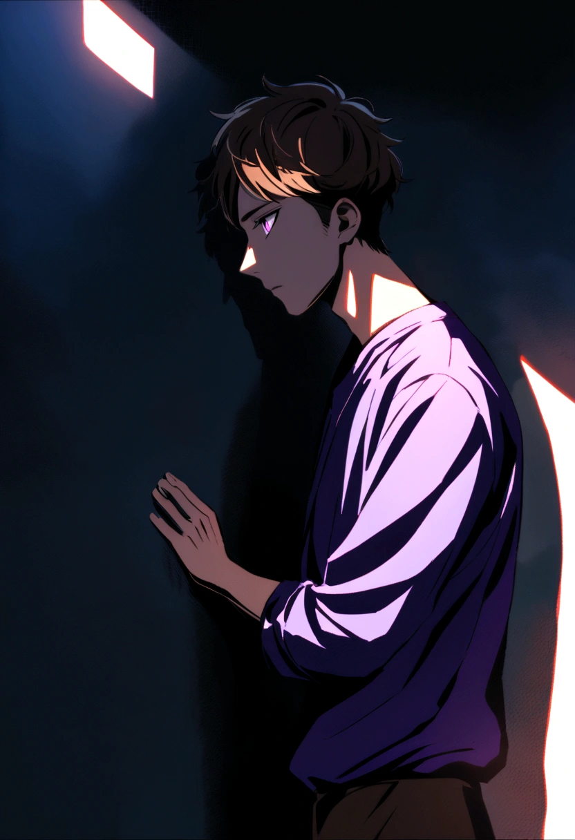 Create a calm Japanese-style portrait in the style of the anime Black Clover. Introducing a Young Man, leaning against a wall with arms raised, eyes lost in the depths. shading adds depth and texture, emphasizing the emotional gravity of the scene. Content purple shirt purple pupils brown hair