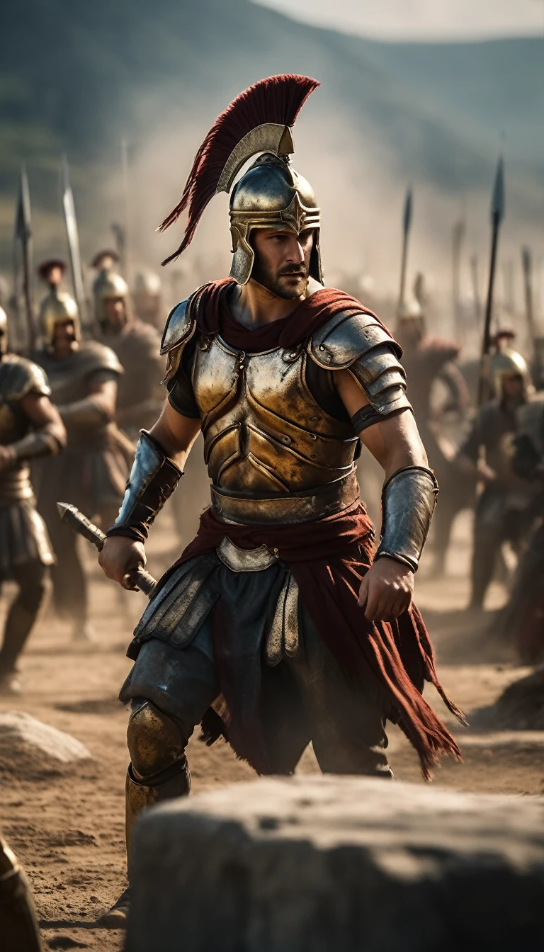 Show a Spartan warrior in the midst of a battlefield, with his fellow warriors standing resolutely behind him, battle atmosphere background, hyper realistic, ultra detailed hyper realistic, photorealistic, Studio Lighting, wearing a gold crown, reflections, dynamic pose, Cinematic, Color Grading, Photography, Shot on 50mm lens, Ultra-Wide Angle, Depth of Field, hyper-detailed, beautifully color, 8k