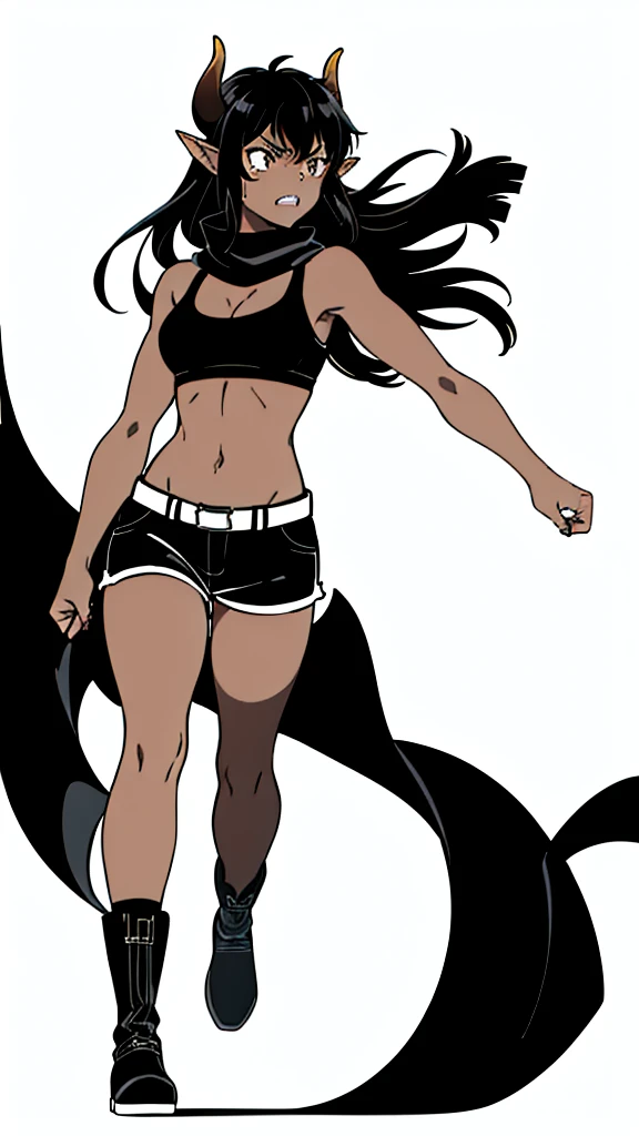(1girl ,25s,adult,mature female),long hair, black hair,horns,elf ears,((black scarf)),cleavage,(((dark skin))),(black sports bra,black sports, shorts, midriff),leather boots,(white background, line drawing),closed mouth,pov,teeth,angry,knees slightly bent, punch,from front,looking at view