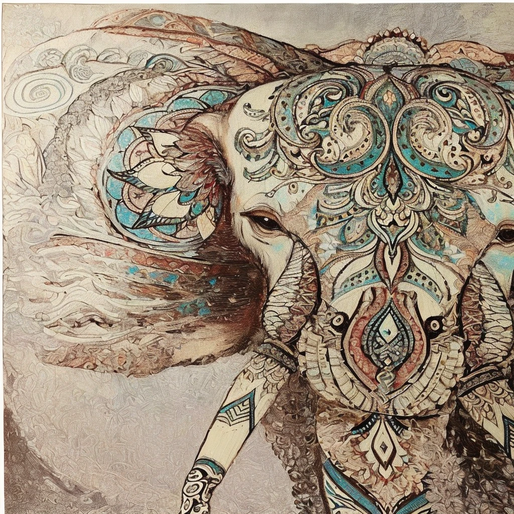 painting of an elephant with a big head and many patterns, colorful elephant art, extremely complex, intricate artwork, incredibly complex, highly intricate, extremely complex and detailed, highly intricate detailed, highly detailed and hypnotic, intricate highly detailed, complex and highly detailed, very complex art, masterful intricate artwork, intricate artwork masterpiece, intricate tapestry, exceedingly incredibly complex. Create new versions inspired by this image