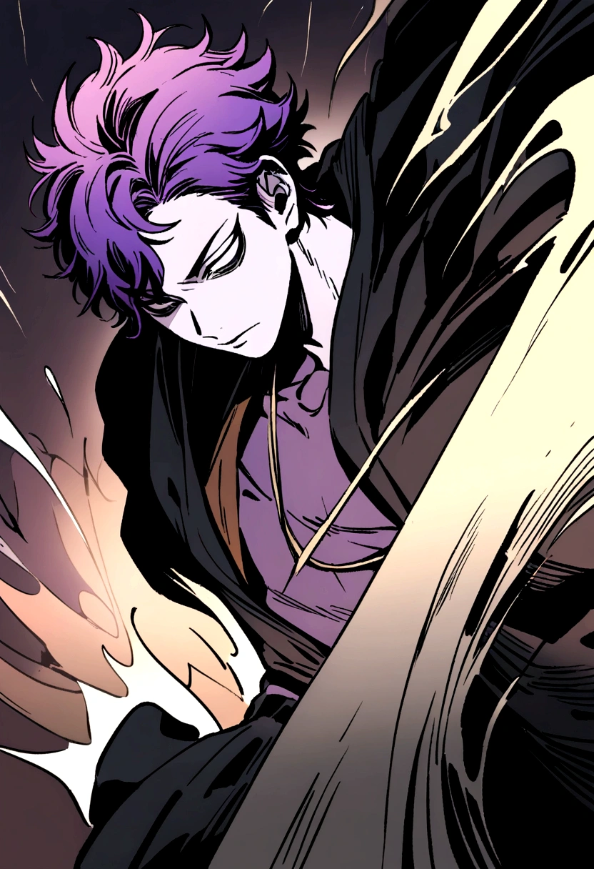 Male character in the Haikyuu drawing style with purple hair and extremely pale skin