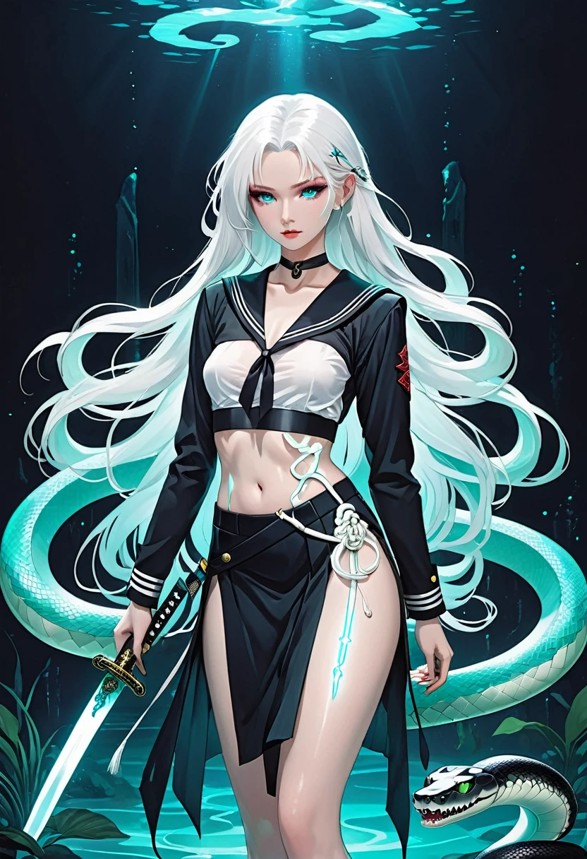 1 Girl，Unique，Long white hair，Black Sailor Suit Pleated Skirt Set，Holding a Japanese sword，Long legs，(((A transparent bioluminescent bone snake wrapped around the body)))