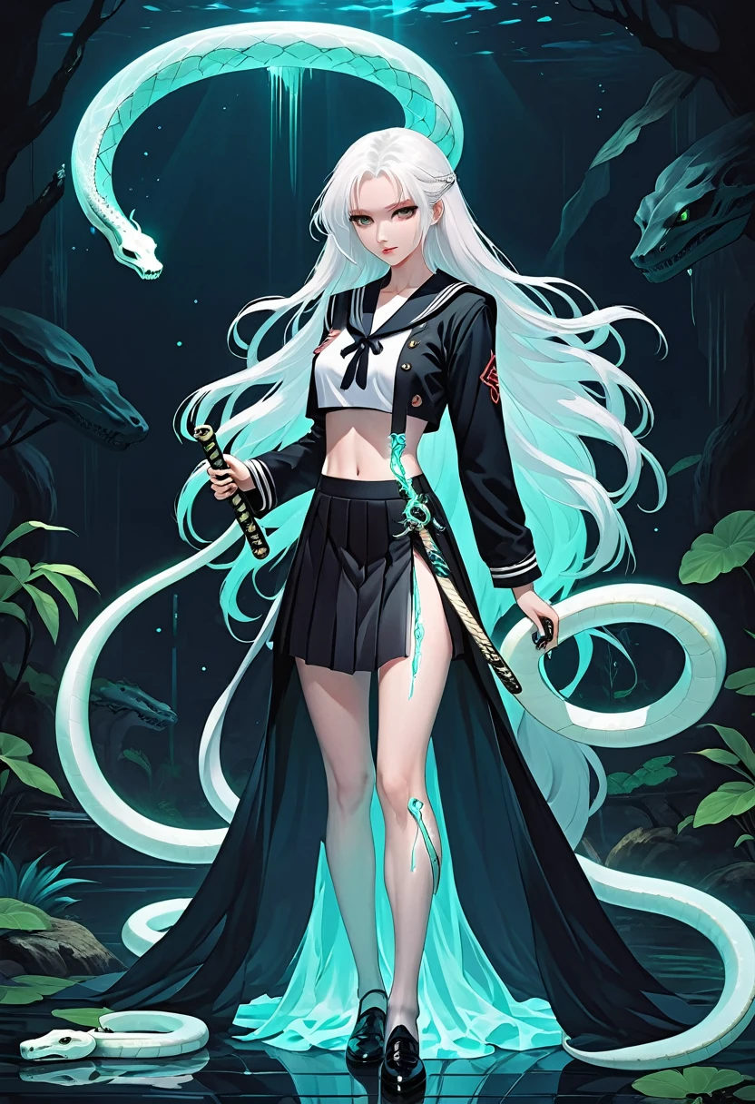 1 Girl,Unique,Long white hair,Black Sailor Suit Pleated Skirt Set,Holding a Japanese sword,Long legs,(((A transparent bioluminescent bone snake wrapped around the body)))