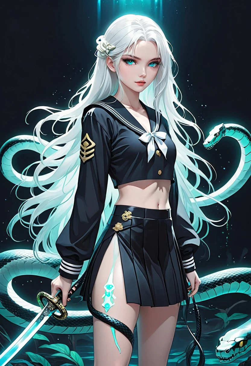 1 Girl,Unique,Long white hair,Black Sailor Suit Pleated Skirt Set,Holding a Japanese sword,Long legs,(((A transparent bioluminescent bone snake wrapped around the body)))