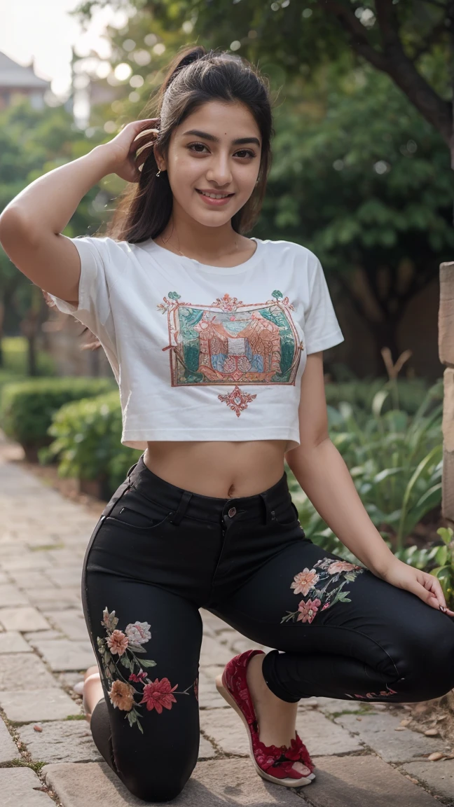 21 yo women Ananya Pandey wearing  embroidery printed chocolate tshirt black jeggings body fit clothes garden full body ((Bant knee photography poses)) sweet smile  perfect anatomy realistic realism ultra detailed eye ultra detailed face 8k ultra detailed hand