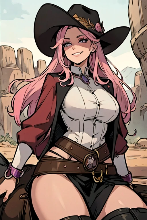 Perfect face, Perfect hands. A pink haired female cowboy with violet eyes and an hourglass figure in a sheriff's outfit is riding a horse in the desert with a big smile in the wild west
