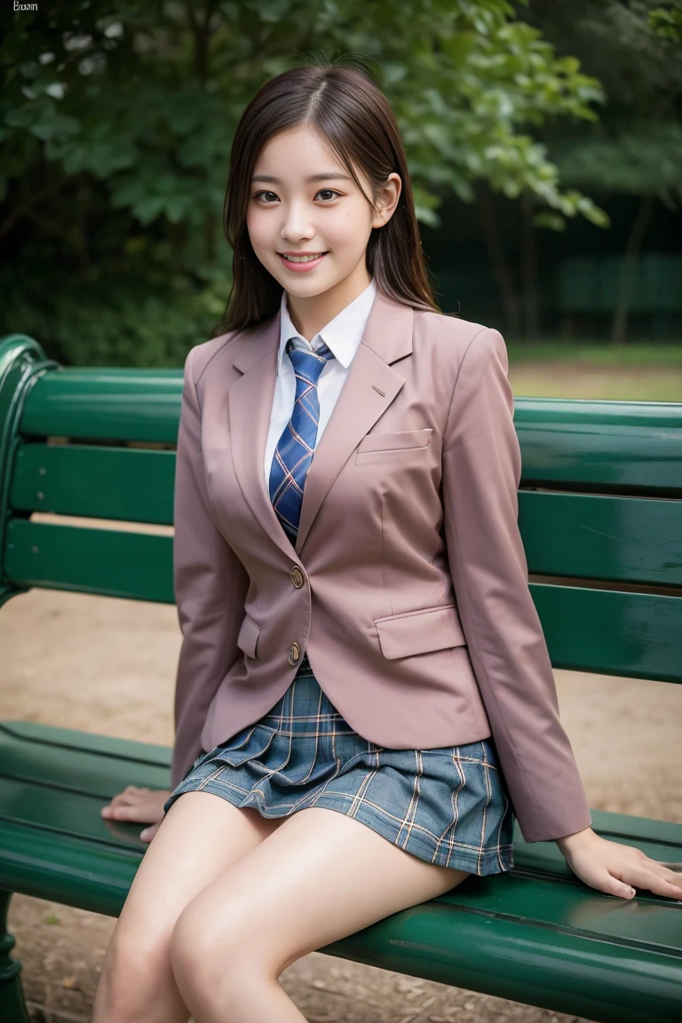 (8K), (highest quality: 1.2), (Realistic), (Realistic: 1.37), Ultra-high resolution, 1 girl, cute, (Embarrassed smile:1.2), (Blushing:1.4),Mouth closed, Beautiful details, Beautiful Nose, Wet Hair, giant dulcefo, pork, Thighs,Navel exposed,University Student Uniform,(A simple blazer:1.2),Pleated skirt,(The skirt and tie are tartan check pattern.:1.3),Platform boots, (sitting on a park bench:1.2),(Shiny Thighs:1.2), medium shot