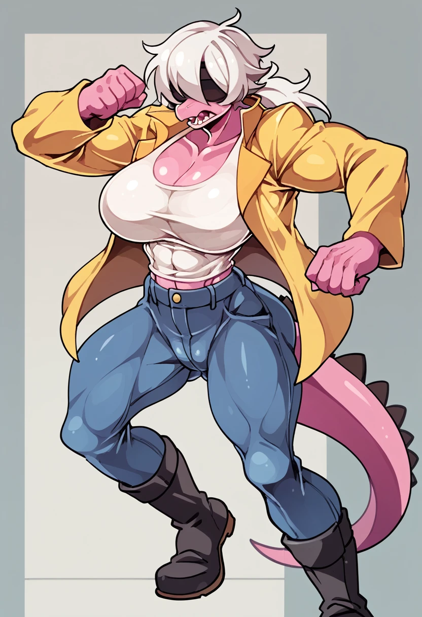 Uma imagau desenha com traços fortes e suaves, common.au.cartoon and cartoon, uma figura fauinina, cabelo ponytail, white hair covering both eyes, lizard snout, lizard snout, white pink skin, big fit ass, musclegirl, White tank top, long sleeve jacket, jeans, Black boots, gigante breasts, peitos big fit asss, Waist slender, pose simples, straight pose, expression would be.