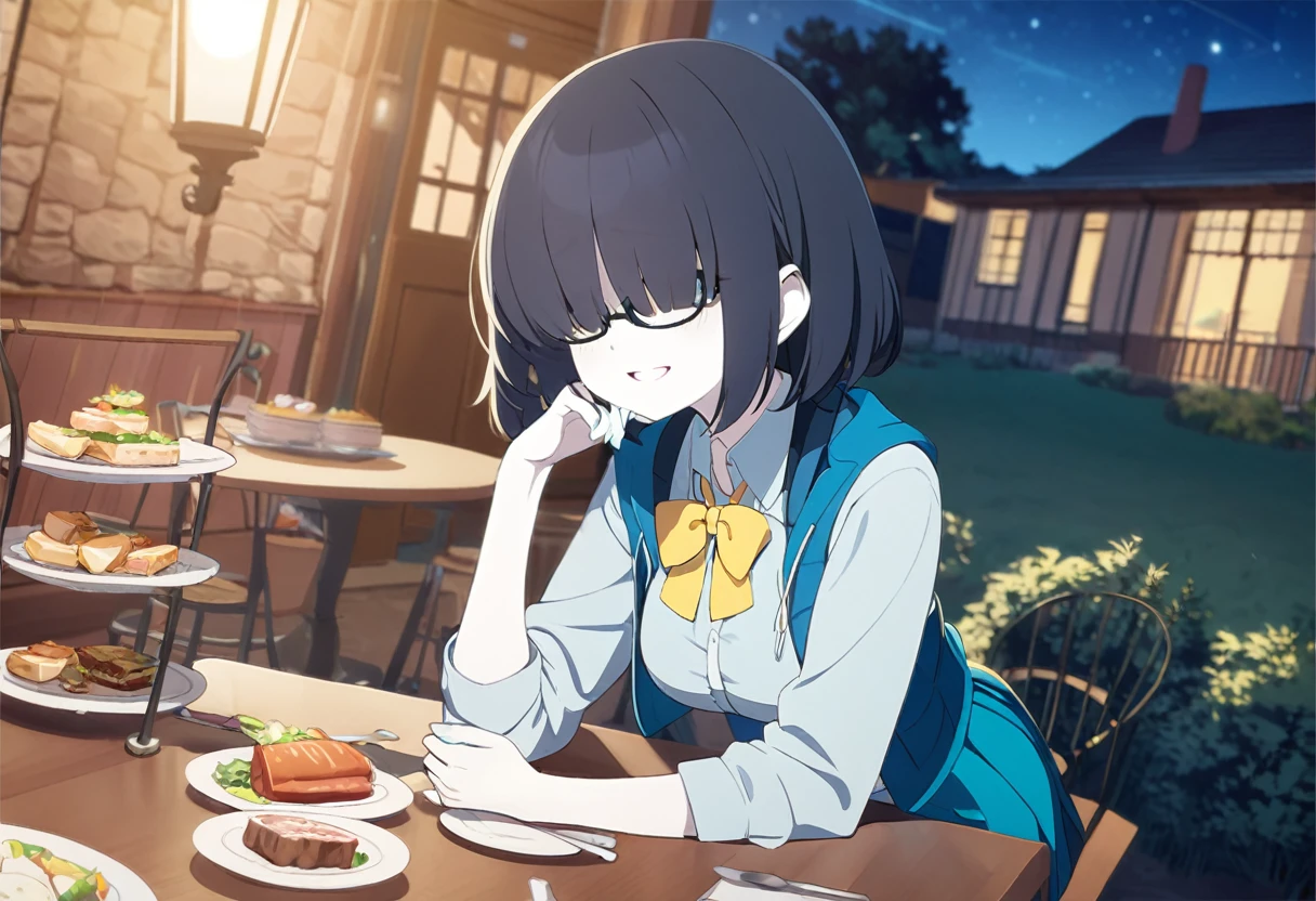 1girl, , turquoise vest, collared shirt, yellow bowtie, open jacket, blue skirt, black-framed eyewear, pleated skirt, black hair, turquoise bangs, very short hair, hair over eyes, pale skin, medium breasts, turquoise eye, smile, country house, slightly large belly, eatinng smoked shank, dinner at night, table, (masterpiece), best quality, anime style, full body