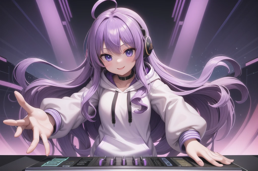 One girl, alone, 20-year-old, Blue Eyes, Purple Hair, Long, beautiful wavy hair, Ahoge, nice smile, White hoodie, Spectacular views, D Cup, Godley, headphone, Detailed DJ equipment, djing, masterpiece, Fine Fingers, 最high quality:1.4, high quality, detailed
