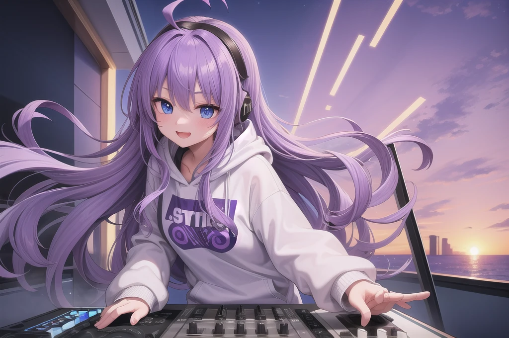 One girl, alone, 20-year-old, Blue Eyes, Purple Hair, Long, beautiful wavy hair, Ahoge, nice smile, White hoodie, Spectacular views, D Cup, Godley, headphone, Detailed DJ equipment, djing, masterpiece, Fine Fingers, 最high quality:1.4, high quality, detailed