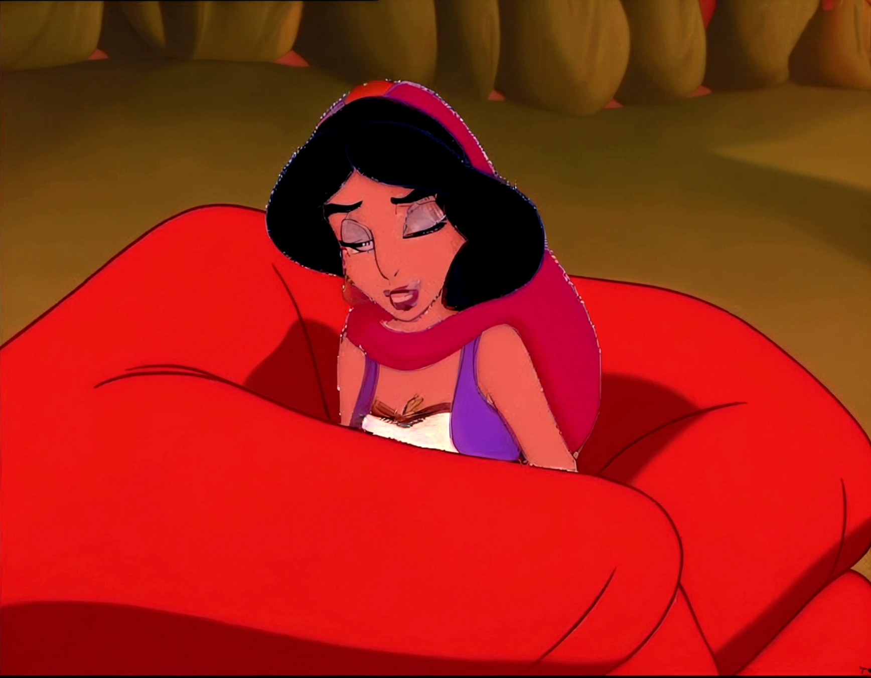 a close up of a cartoon of a woman in a red chair, princess jasmine, megara, aladdin, princes jasmin, sleeping princess!!!!, classic disney mood, pocahontas, someone sits in bed, jasmine, genndy tartakovsky, disney 2d animation still, aesthetic!!!!!! female genie, arabian princess, style of disney animation, female disney villain