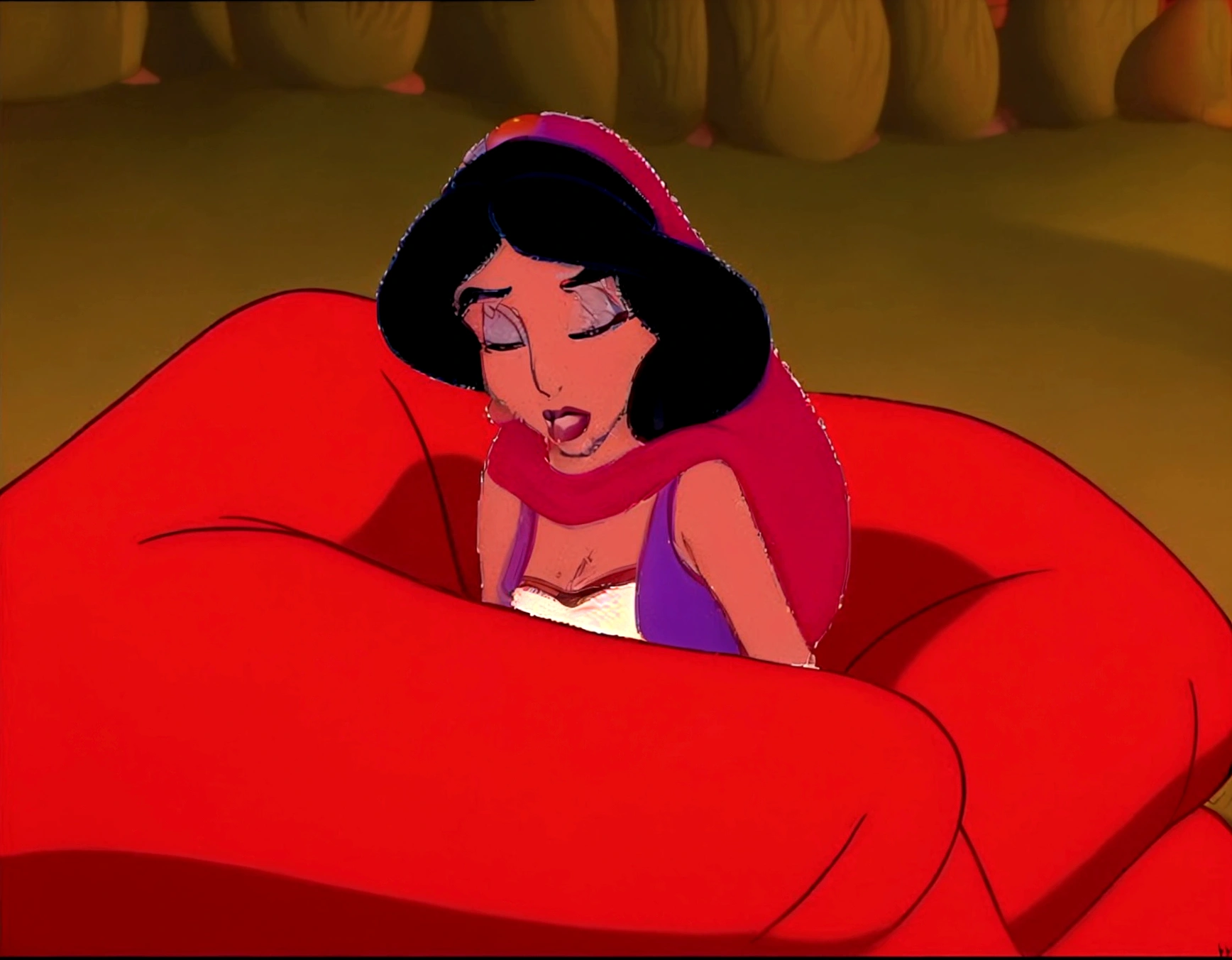 a close up of a cartoon of a woman in a red chair, princess jasmine, megara, aladdin, princes jasmin, sleeping princess!!!!, classic disney mood, pocahontas, someone sits in bed, jasmine, genndy tartakovsky, disney 2d animation still, aesthetic!!!!!! female genie, arabian princess, style of disney animation, female disney villain