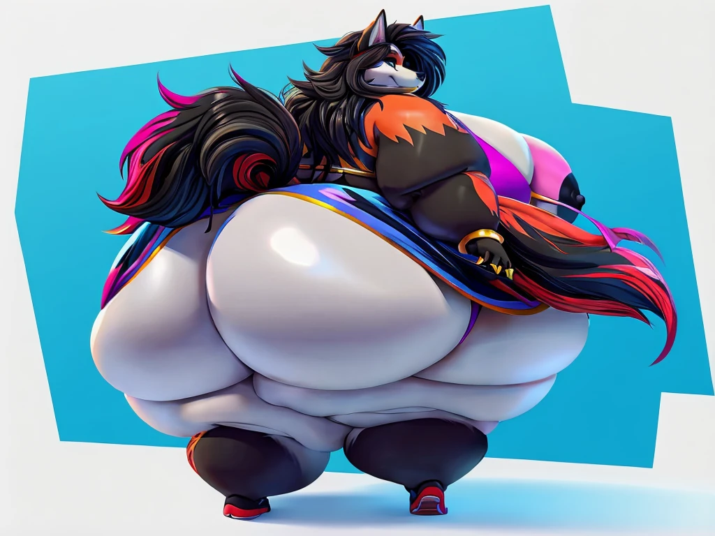 Wolf, female, long hair, huge breasts, huge hips, huge thighs, plump, voluptuous,, gorgeous, beautiful, eyelashes,huge ass,fat arms, fat legs, hands on ass,messy hair, colourful fur, walking,back view, obese, walking, wobbling ass, black nipples ,claws, partially clothed,bikini,direct back view, simple background ,colorful body, walking
