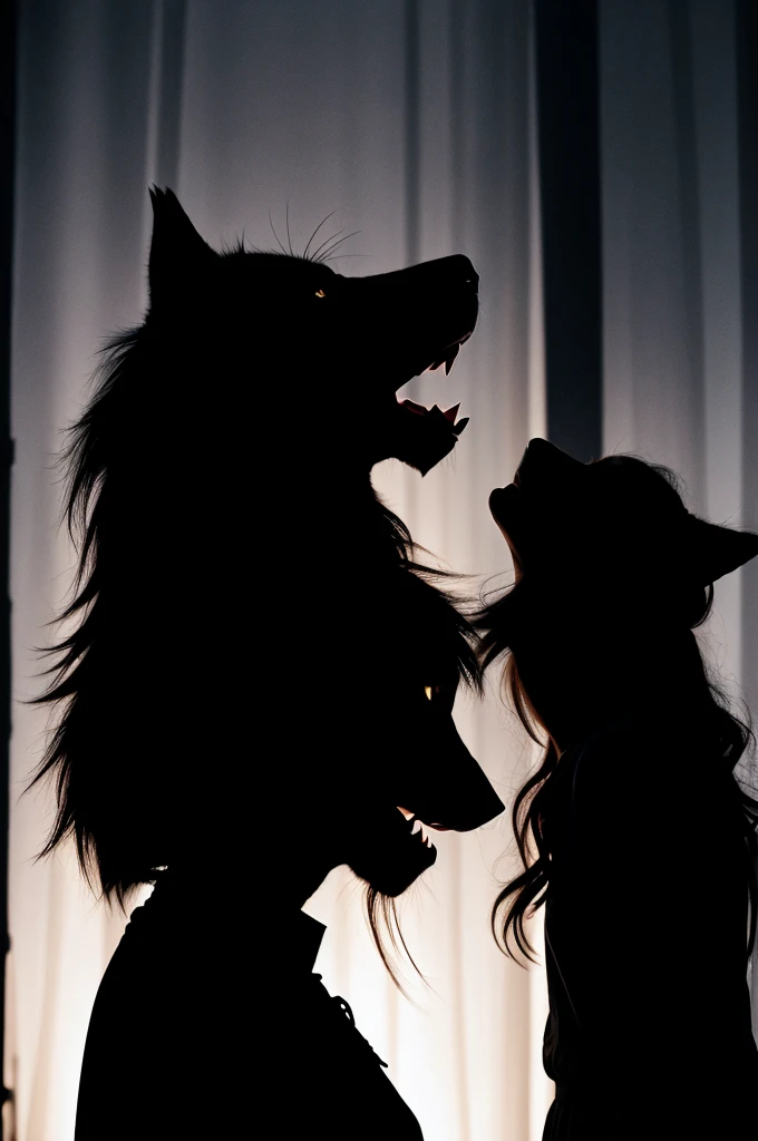 Silhouette of a wolf howling and inside her, the silhouette of a woman howling