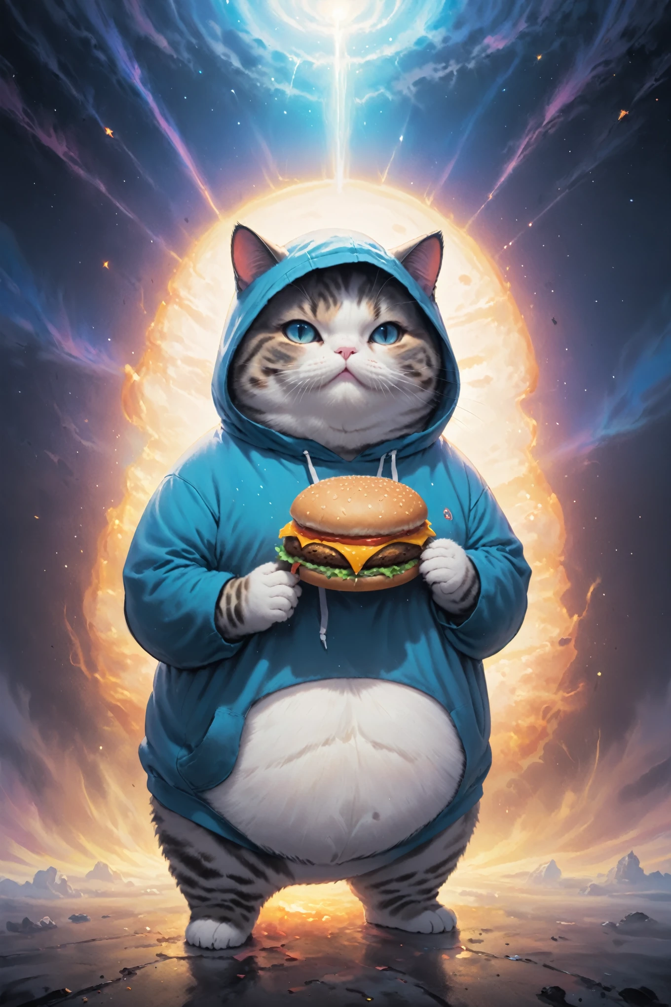 cosmic canvas,(dystopian background:1.3), flawless, clean, masterpiece, painting of a chubby cat, wearing hoodie, holding burger, light fog,   