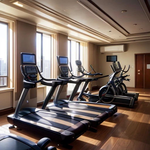 ((masterpiece)), ((Highest quality)), 8K, High resolution ((Hotel Gym 1.5))(Japan&#39;s bustling cities 1.4)(Hotel Front Desk)(building)(Chamber 1.5)