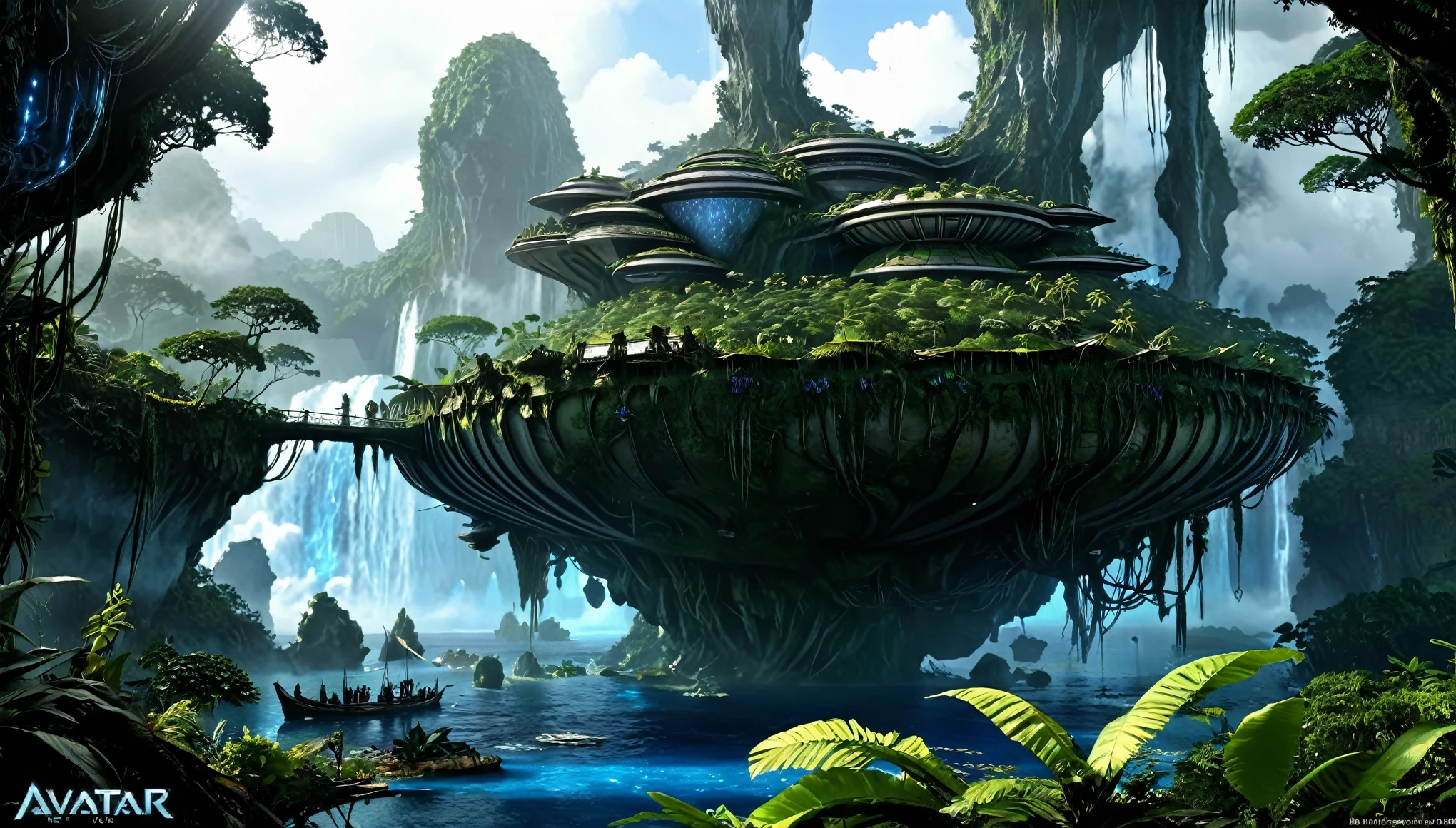 "Cree una image hyperrealistic de una vivienda Navi de la película 'Avatar'. Locate the structure deep in Pandora's lush forest, organically integrating architecture with the natural environment. Imagine giant trees intertwining with platforms and walkways, with an open design and natural materials such as polished wood and transparent fabrics. Capture the soft atmospheric lighting of Pandora, with rays of sun filtering through the forest canopy. Pay attention to intricate details inspired by Pandora's flora and fauna, with delicate carvings and patterns. Choose a camera angle that shows the scale and complexity of the structure, transporting viewers to the world of Pandora. #image #hyperrealistic #avatar #navi #organic architecture #pandora #stablediffusion #SDXL"