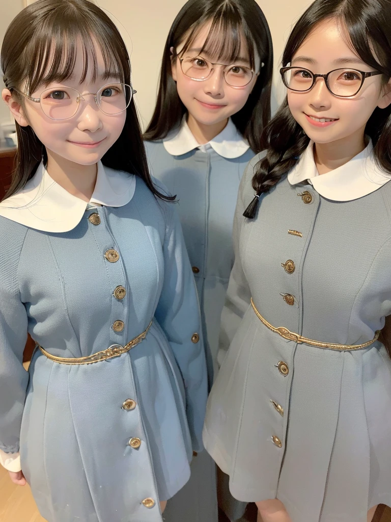 Highest quality、masterpiece、、Very detailed、Realistic、(Two Girls)、(Looking at me with a smile:1.5)、whole body、Small face、(Slender:1.2)、(Big Breasts)、Glasses、One-piece dress with buttons and collar、Braid、Erect nipples