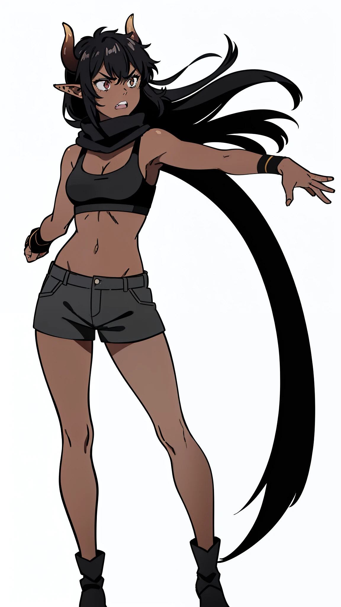 (1girl ,25s,adult,mature female),long hair, black hair,horns,elf ears,((black scarf)),cleavage,(((dark skin))),(black sports bra,black sports, shorts, midriff),leather boots,(white background, line drawing),closed mouth,pov,teeth,angry,knees slightly bent, punch,from front,looking at view