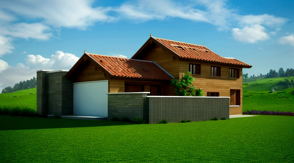 Exterior, (wall materials:1.5), roof tiles, Wooden ceiling, granite, glass doors, glass railings, simple but elegant interior, surrounded by flowers and grass, blending with nature Nature, fresh air, natural light, surreal, high-end. -end. -quality images. Realistic images, 8K
