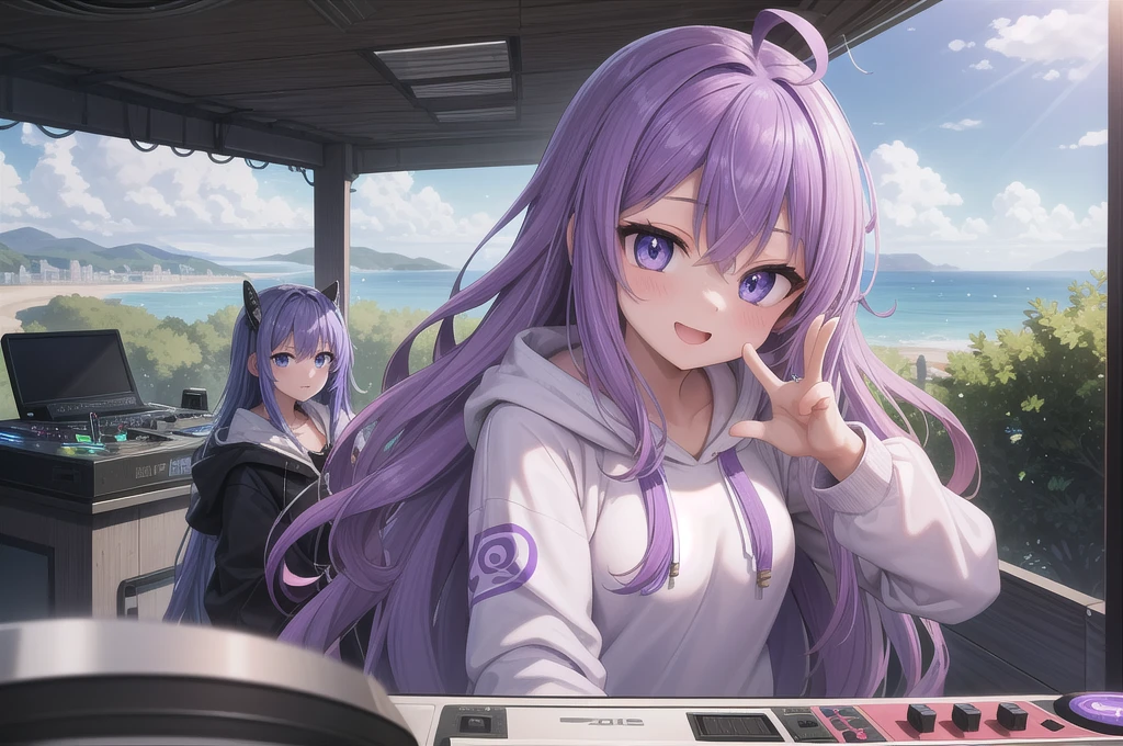 One girl, alone, 20-year-old, Blue Eyes, Purple Hair, Long, beautiful wavy hair, Ahoge, nice smile, White hoodie, Spectacular views, D Cup, Godley, headphone, Detailed DJ equipment, djing, masterpiece, Fine Fingers, 最high quality:1.4, high quality, detailed