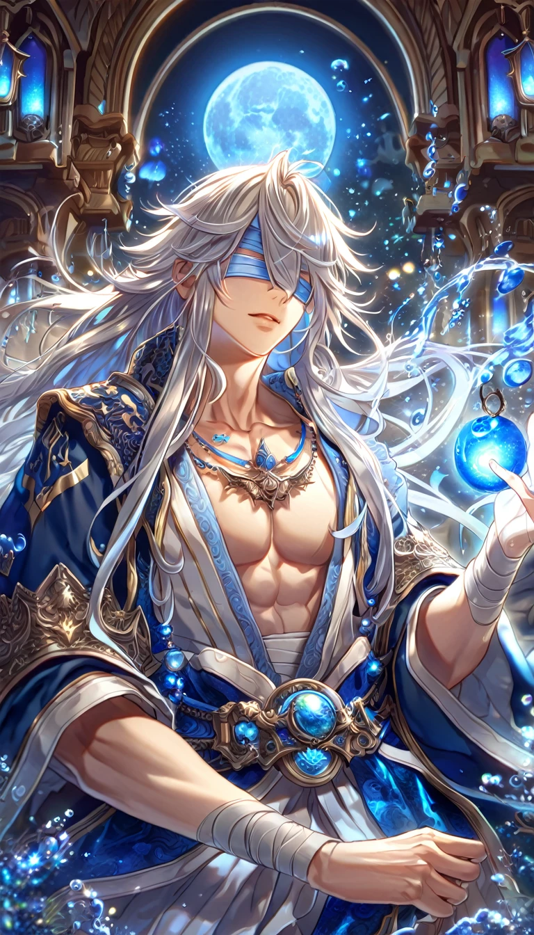 absurdres, highres, ultra detailed, HDR, master piece, best quality, extremely detailed face, delicated features, Gojou Saoru, untamed spiky hair, white hair, long hair, hair between the eyes, bandages over the eyes, Thousand Years War, solo, sexy man, handsome, blue haori, white fantasy robes, blue moon, water, fantasy, magic, envy magical, blue dust, blue lanterns, blue fire, blue floating round lights