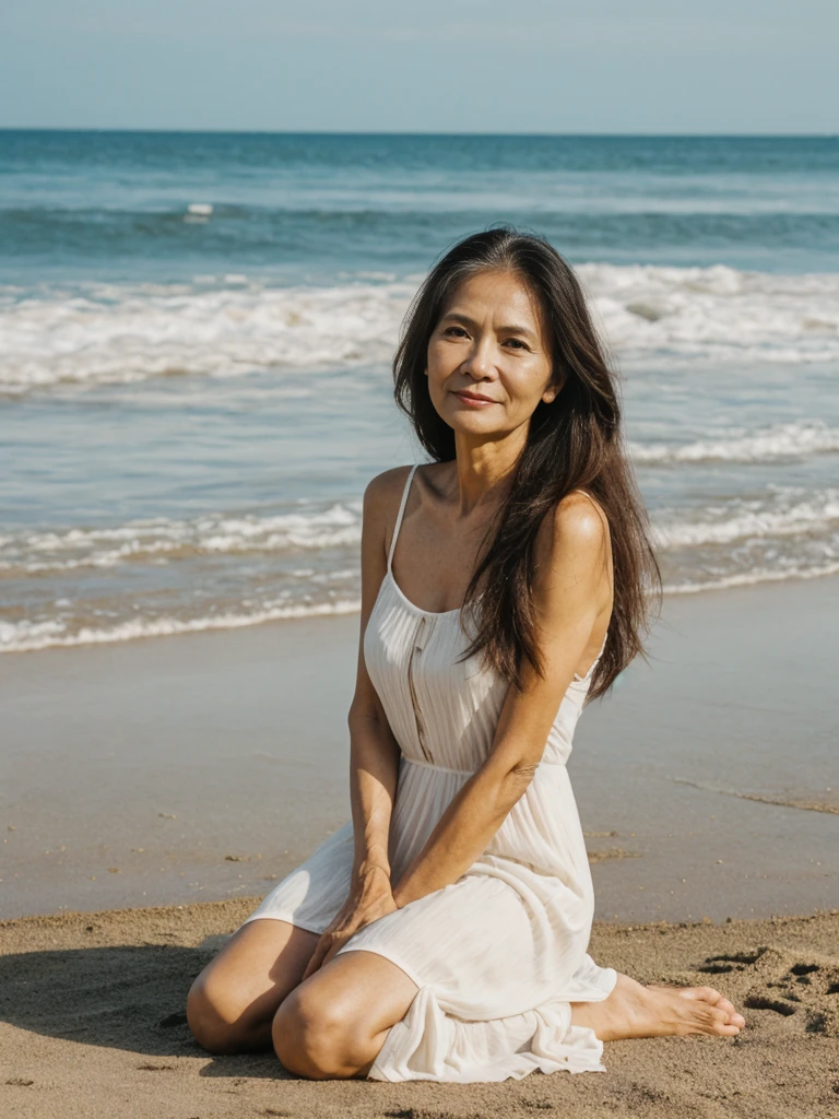 RAW PHOTO, her name is Dolores, high quality, 1 old woman, ((58-year-old slim filipina woman)), (((58 years old))), ((slim body)), ((wrinkled body)), (((old body))), (((long hair))), she is wearing a modest Generation X flowy sundress, POSE: kneeling, happy, laughing, exuberant, BREAK, BACKGROUND: outdoor, beach film grain