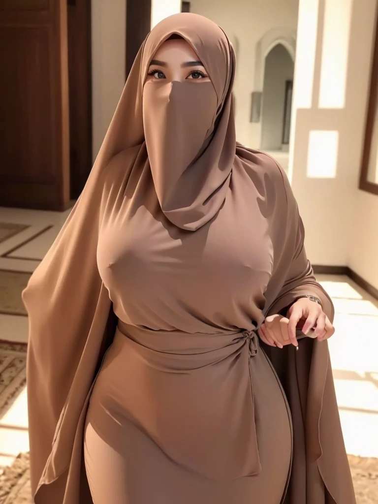 4k, high quality, nice lighting, soft lighting, realistic, dark eyes, sexy, big breasts, thick thighs, wide hips, muscular, arabic dress, Jewelry, sexy lady, asian, hijab, niqab, sexy pose, showing big thighs, nice body, natural largest breast