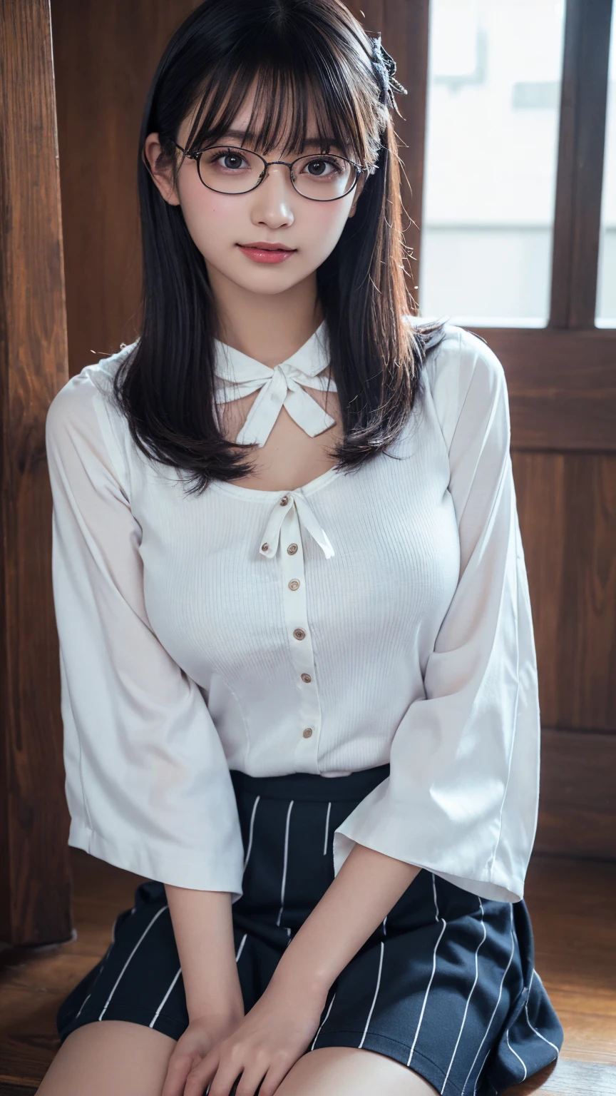 Round-rimmed glasses, straight hair, hime cut, ribbon hair accessory, shy, shiny skin, shiny hair, white skin, great figure, high-waisted jumper skirt, blouse with flared sleeves and hems, (showing pubic hair, lots of pubic hair, knees up, sitting on a step), erect nipples, black hair,ultra-detailed、high resolution、extremely detailed CG、unity 8k wallpaper、official art、super detailed skin、perfect anatomy、cinematic lighting、beautiful detailed eyes、depth of field、ideal ratio body proportions、little smile,