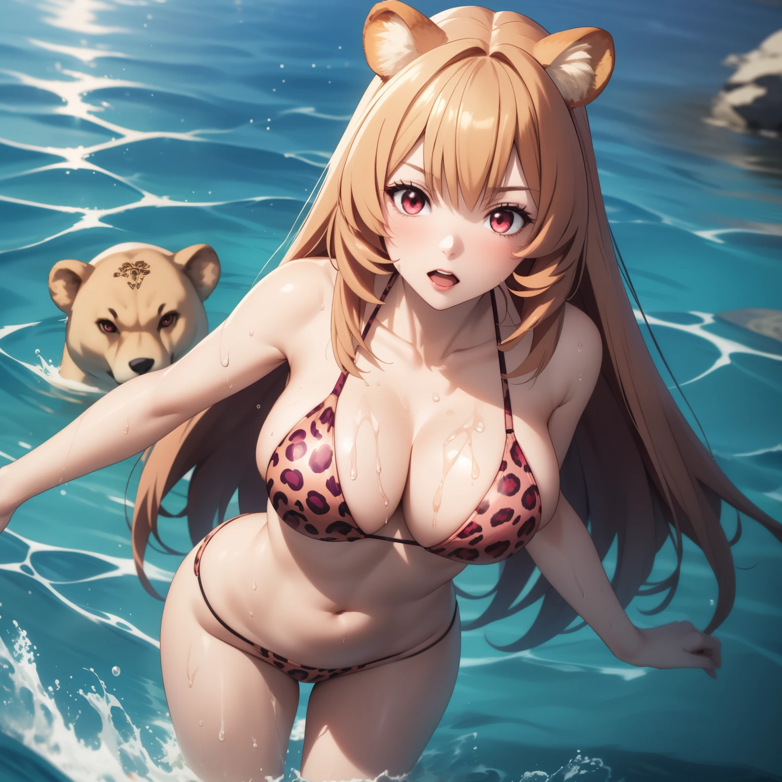 Raphtalia woman 24 years old, blond hair, blonde , round bear ears, red eyes like ruby.,big breasts, pink leopard print bikini, accessories, blonde, WET BODY, splashing water, bottom the sea, standing , stop, whole body.