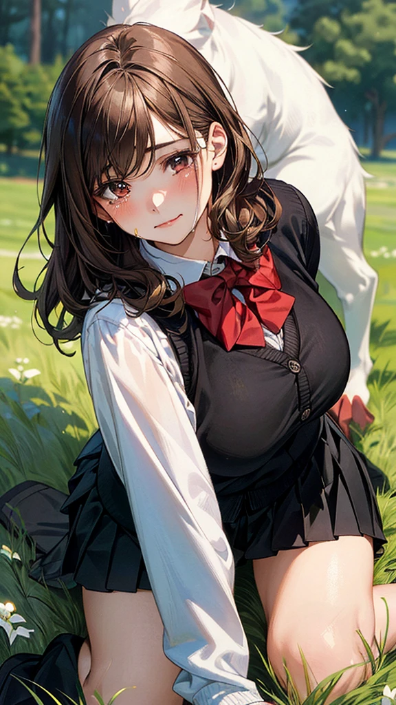(masterpiece:1.2, top-quality), (realistic, photorealistic:1.4), beautiful illustration, (natural side lighting, movie lighting), ,
looking at viewer, 1 girl, , high school girl, perfect face, cute and symmetrical face, shiny skin,
(short hair:1.5, curly hair:1.5, ((very long back hair)), light brown hair), crossed bangs, brown eyes, big eyes, slant eyes, long eye lasher, (large breasts, curvy waist, big ass), glamour,
beautiful hair, beautiful face, beautiful detailed eyes, beautiful clavicle, beautiful body, beautiful chest, beautiful thigh, beautiful legs, beautiful fingers,
((overly long sleeve black cardigan, white collared shirts, black pleated mini skirt), dark red bow tie),
(beautiful scenery), morning, (outdoors),In the grass of a meadow, a girl is on all fours, being held from behind and on her back by a large dog.
Her face is bright red, her eyes are closed, her mouth is open, and she is crying.
The skirt is very short.
