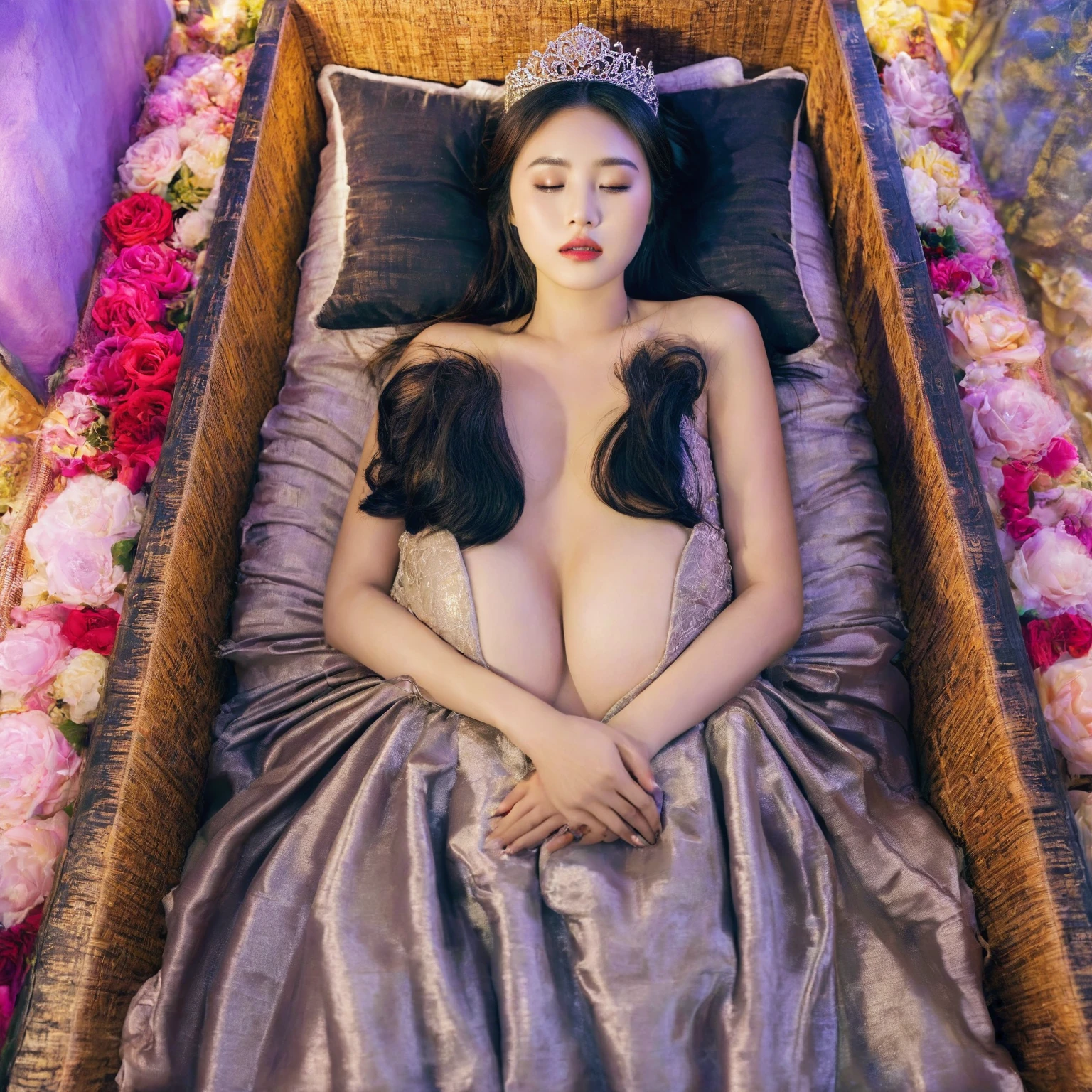 In a striking 8K HDR scene, a stunning Korean woman, 22 years old, lies peacefully in a black coffin surrounded by plush pillows. The deep box is set against a rich black background, accentuating the beauty of the subject. Her exquisite kebaya attire is embroidered with superb detail, showcasing her round and firm breasts, perfect cleavage, and beautiful eyebrows. Her closed eyes and mouth give an air of serenity, while her visible and absolute cleavage leave nothing to imagination. The scene is bathed in saturated colors, highlighting every intricate aspect from the ball skirt to her clean face.