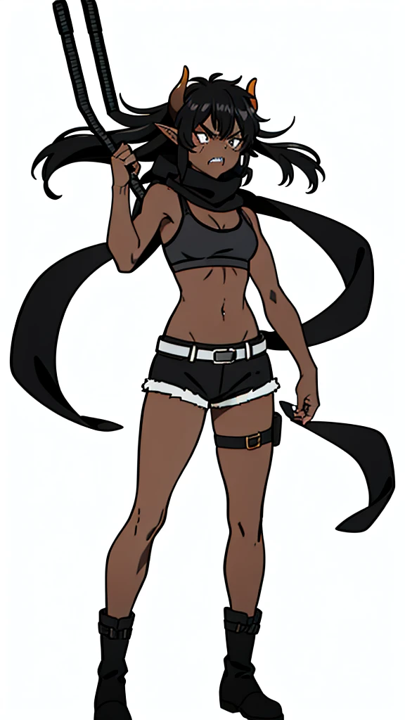 (1girl ,25s,adult,mature female),long hair, black hair,horns,elf ears,((black scarf)),cleavage,(((dark skin))),(black sports bra,black sports, shorts, midriff),leather boots,(white background, line drawing),pov,((angry)),standing, punch,from front,looking at view