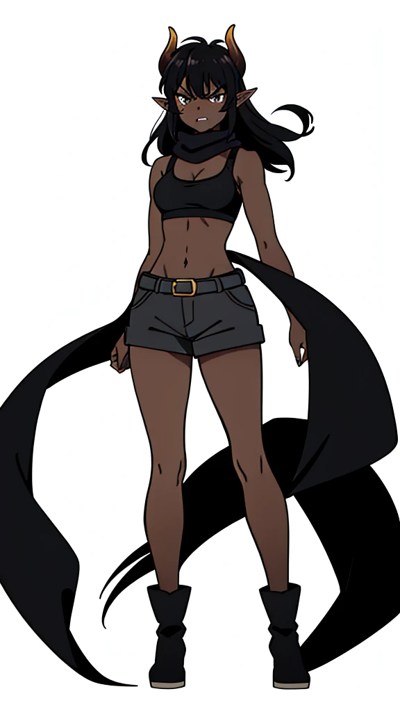 (1girl ,25s,adult,mature female),long hair, black hair,horns,elf ears,((black scarf)),cleavage,(((dark skin))),(black sports bra,black sports, shorts, midriff),leather boots,(white background, line drawing),pov,((angry)),standing, punch,from front,looking at view