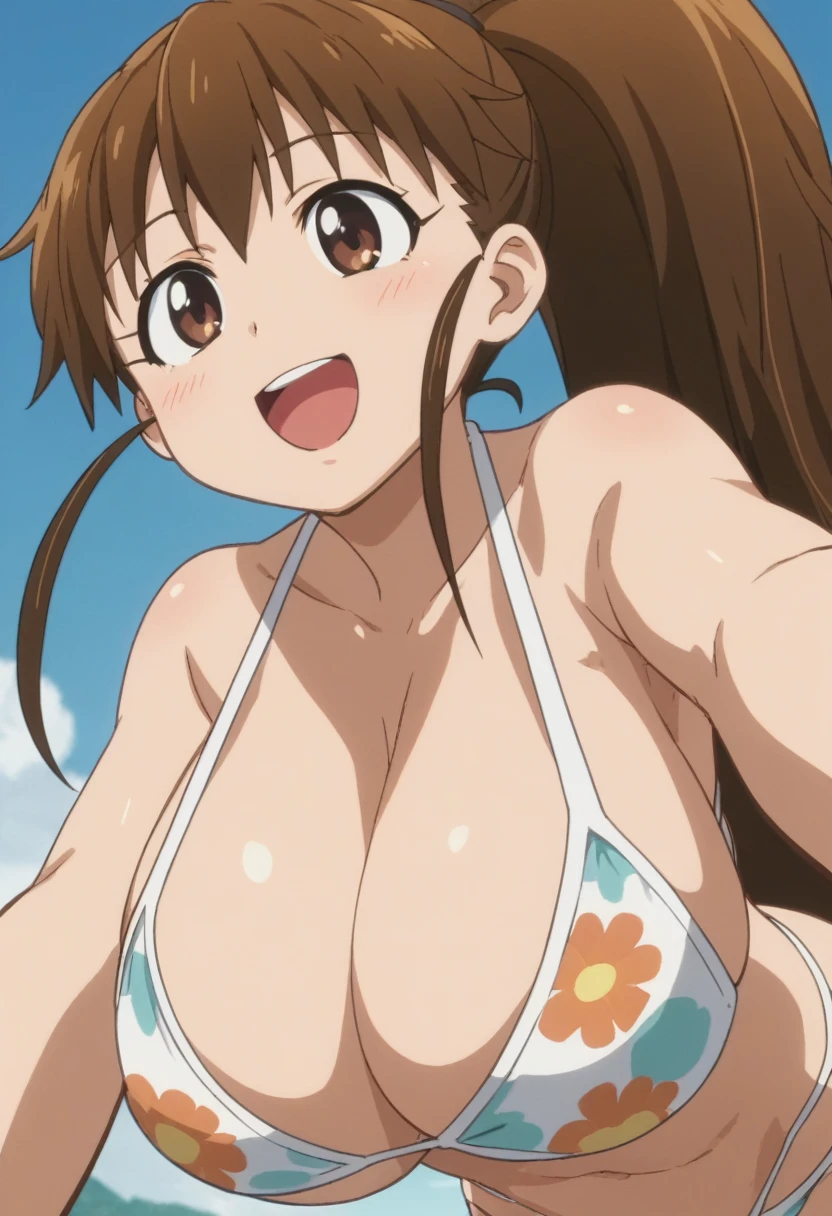 score_9, score_8_up, score_7_up, rating_explicit, anime screencap, upper body, 1girl, solo, working!!, taneshima popura, brown eyes, brown hair, long hair, ponytail, huge breasts, bikini, beach, summer, smile, open mouth, bent over, (from below:1.2)