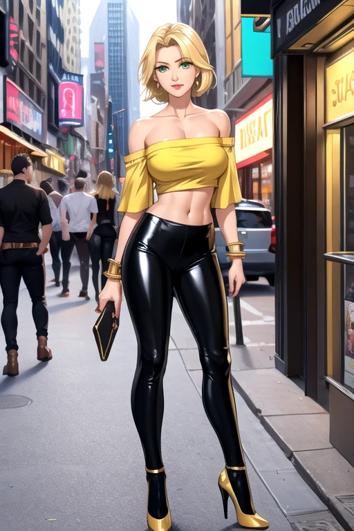 (Best quality: 1.0), (Super High Resolution: 1.0), beautiful mature 36 year old woman, standing at approximately 5'1" tall, tan-olive skin, blonde hair, green eyes, mascara, red lipstick, closed lips, closed mouth, slim physique, medium breasts, (Wearing: shiny black leggings and yellow off-shoulder top, golden bracelets and high heels) outside on New York street, cowboy shot, full body
