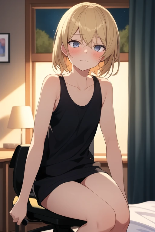((melhor qualidade)), ((Obra de arte)), (detalhado), 1girl, standing in her house, bedroom, dark room, black tank top, looking at viewer, red marks under her eyes, gray eyes, short blonde hair, fluffy hair, pale skin, lazy expression, lazy smile, half-lidded eyes, sitting on gamer chair, hands on knees, tired expression, sleepy, skinny girl, small breasts, night outside, no lights, small blush,